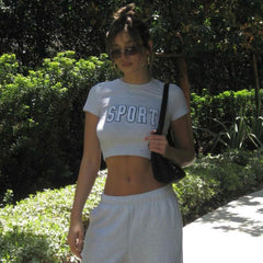 Trend Alphabet Embroidery Solid Color Top Cropped Wide