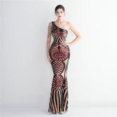 Pailletten Craft Perlen Partykleid Lang Cocktail Slim Fit Abendkleid Elegant One Shoulder