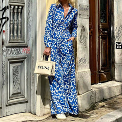 Gracefulable Printing Collared Waist One Piece Wide Leg Pants