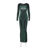 Printing Backless Slim Fit Round Neck Long Sleeved Dress