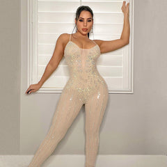 Mesh See-through Rhinestone Sleeveless Sling Jumpsuit