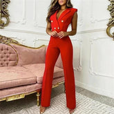 Color Matching Button V-neck Sleeveless Houndstooth Jumpsuit Business Wear