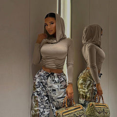 Wear Dune Hooded Top Casual Solid Color Long Sleeve Pleated Cropped T shirt