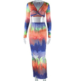 Costume deux pièces à imprimé dégradé, jupe fourreau à manches longues et bandeau