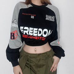Racing Car Letter Graphic Printing Machine Car round Neck Sweater Contrast Color Loose Personality Short Top