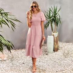 Waist Tight Slimming Large Hem Dress round Neck Smocking Vacation Dress