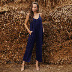 Casual Suspender Jumpsuit Loose Solid Color Simple Wide Leg Pants