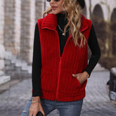 Fall Collared Sleeveless Loose Striped Zipper Plush Casual Jacket