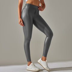 Faux Leather Pants High Elastic Solid Color Bright Surface Thin Velvet Tight Pocket Fitness Trousers Running Yoga Pants