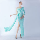 Craft High-End-Abendkleid mit Pailletten und Rüschen aus Straußenfedern und seitlichem Schlitz
