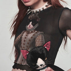 Retro Cat Printing Mesh Top Trendy