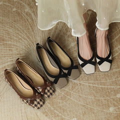 Style Evening Bow Kitten Square Toe Low-cut Heels