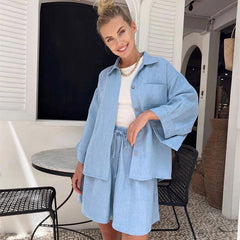 Cotton Long Sleeve Shorts Pajamas Casual Loose Nightgown Worn outside Homewear