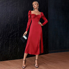 Dress Square Collar Princess Sleeves Waist Tight High Slit Mid Length Dress Evening Dress
