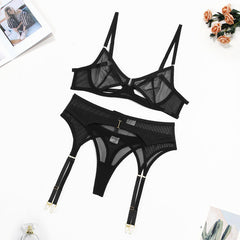 Suit Hollow Out Cutout Striped Mesh Beauty Back Underwear Three Piece Set