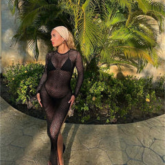 Hollow Out Cutout out See through Holiday Music Festival Solid Color Backless Knitted Dress