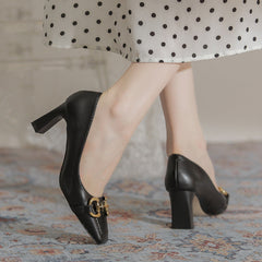 High Chunky Buckle Temperament Square Toe Heels