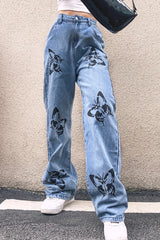 Slimming Butterfly Print Drapey Straight-Leg Jeans