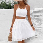 Solid Color Backless Spaghetti Straps Top High Waist Mesh Midi Skirt