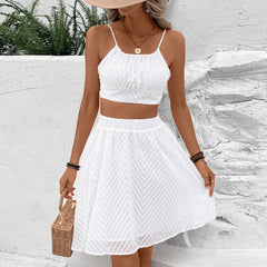 Einfarbiges rückenfreies Spaghettiträger-Oberteil mit hoher Taille und Netz-Midirock