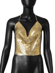 Low Cut Backless Metal Sequ Chain Strap Deep V Plunge Cropped Tank Top