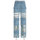 Pocket Stitching Hollow Out Cutout Ripped Beggar Street Casual Straight Leg High Waist Jeans