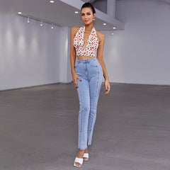 Floral V neck Hollow Out Cutout Halter Spaghetti Straps Vest