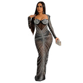 Wear Rhinestone Mesh See through Long Sleeve Dress