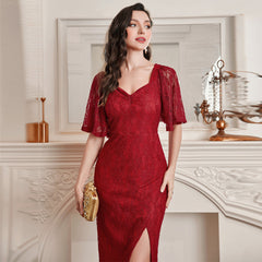 Robe élégante en dentelle à col en V et patchwork