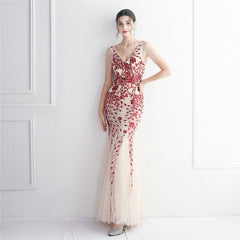 Robe longue queue de poisson élégante en maille à paillettes et perles pour réunion annuelle
