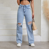 Schlankmachende, gerade, zerrissene Jeanshose mit hoher Taille