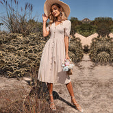 Robe mi-longue à manches courtes et col en V, couleur unie, en coton et lin