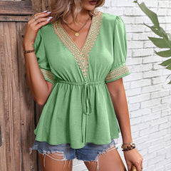 V neck Lace Short Sleeved T shirt Waist Trimming Shirt Elegant Chiffon Blouse