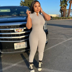 Chest Zipper Tight Fitting Solid Color Jumpsuit