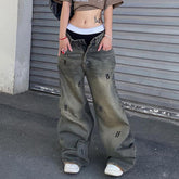 Hip Hop Jeans mit niedriger Taille und Retro-Distressed-Print, einfache Buchstabengrafik, lockere Straßen- und lässige Hose mit weitem Bein