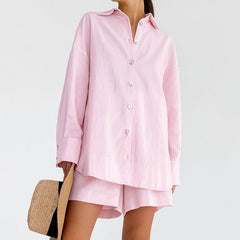 Cotton Linen Pajamas Long Sleeve Loose Shorts Two Piece Suit Outerwear White Homewear
