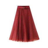 With Belt Mesh Skirt High Waist Mid-Length Pleated Skirt A- Line Fairy Gauze Skirt Skirt Skirt