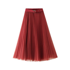 With Belt Mesh Skirt High Waist Mid-Length Pleated Skirt A- Line Fairy Gauze Skirt Skirt Skirt