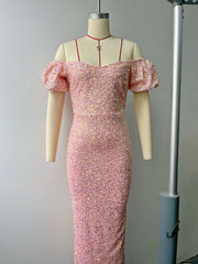 Robe de cocktail à manches bouffantes et décolleté en V profond, robe de soirée à paillettes