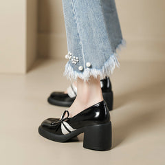 Women's Spring Vintage Bow Thick Bottom Chunky Heels