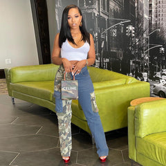 Autocollants de personnalité tendance en denim de couleur contrastée, sacs, pantalons à jambe droite