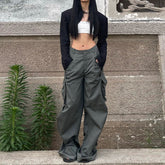 Retro Grün Niedrige Taille Tasche Overalls Lose Straße Gerade Mopp Casual Hosen
