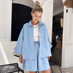 Cotton Long Sleeve Shorts Pajamas Casual Loose Nightgown Worn outside Homewear