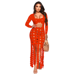 Square Collar Long Sleeve Personalized Burning Floral Hollow Out Cutout Nightclub Dress