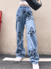 Slimming Butterfly Print Drapey Straight-Leg Jeans