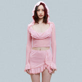 Costume rose à capuche et col bas à volants