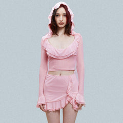 Pink Ruffled Hooded Low Collar Suit
