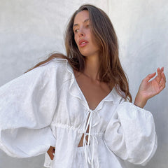 Cotton Linen White Lantern Sleeve V neck Top Shorts Two Piece Set