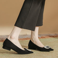 Women's Pumps Black Suede Pointed Toe Chunky