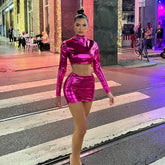 Metallic Glossy Bare Cropped Slim Fit Hip Skirt Set